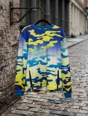 CREATE 2MRW Men's Blue Camo Pullover Sweatshirt Crew Neck Pockets Size L